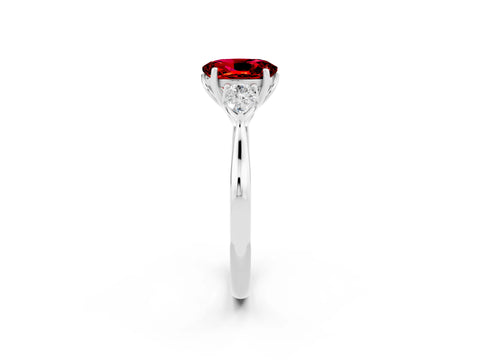 White gold Oval Cut Ruby Three-Stone Ring with Pear Side Stones and Four-Prong Setting_32