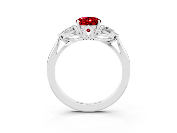 Silver Oval Cut Ruby Three-Stone Ring with Pear  Side Stones and Prong Setting