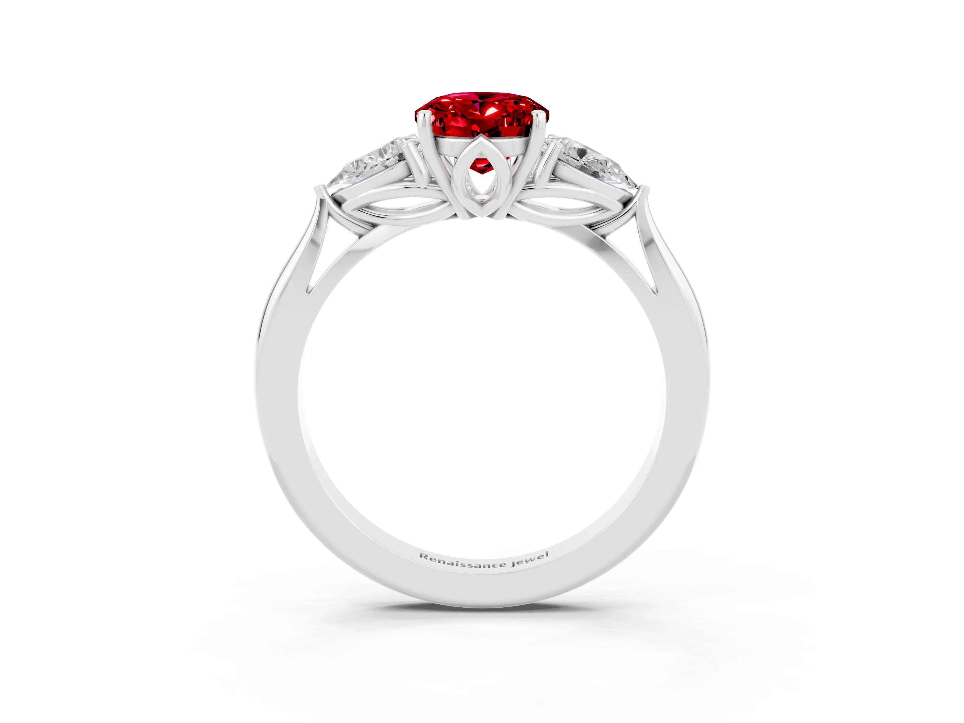 White gold Oval Cut Ruby Three-Stone Ring with Pear Side Stones and Four-Prong Setting_33