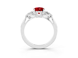 Silver 2.21 Carat Oval Ruby Three-Stone Ring with Pear Side Stones and Prong Setting