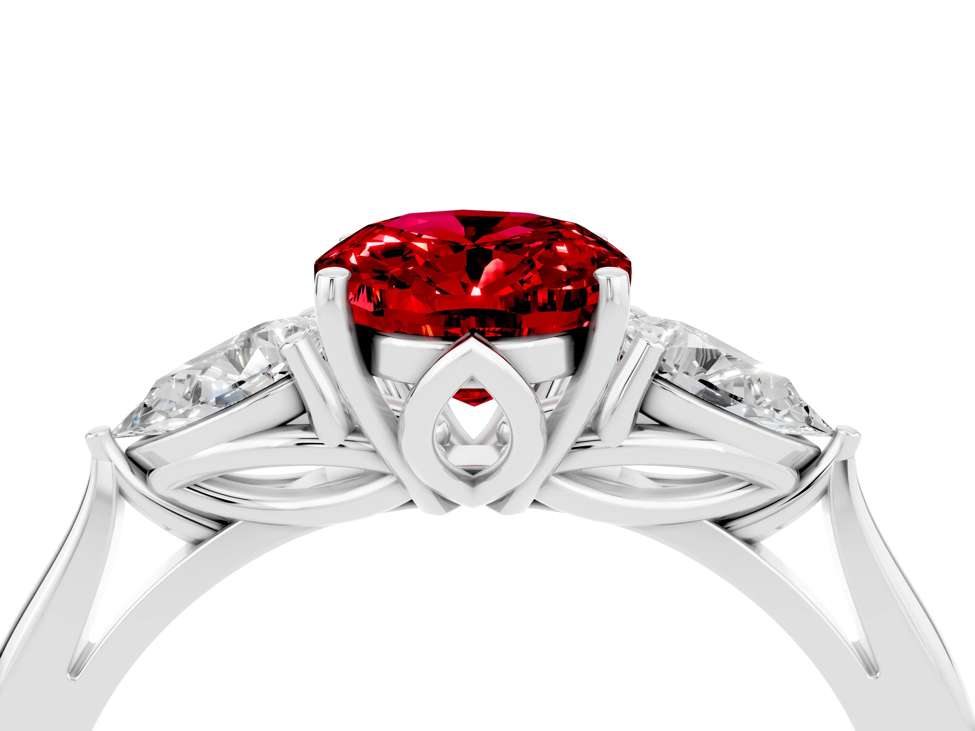 White gold Oval Cut Ruby Three-Stone Ring with Pear Side Stones and Four-Prong Setting_34