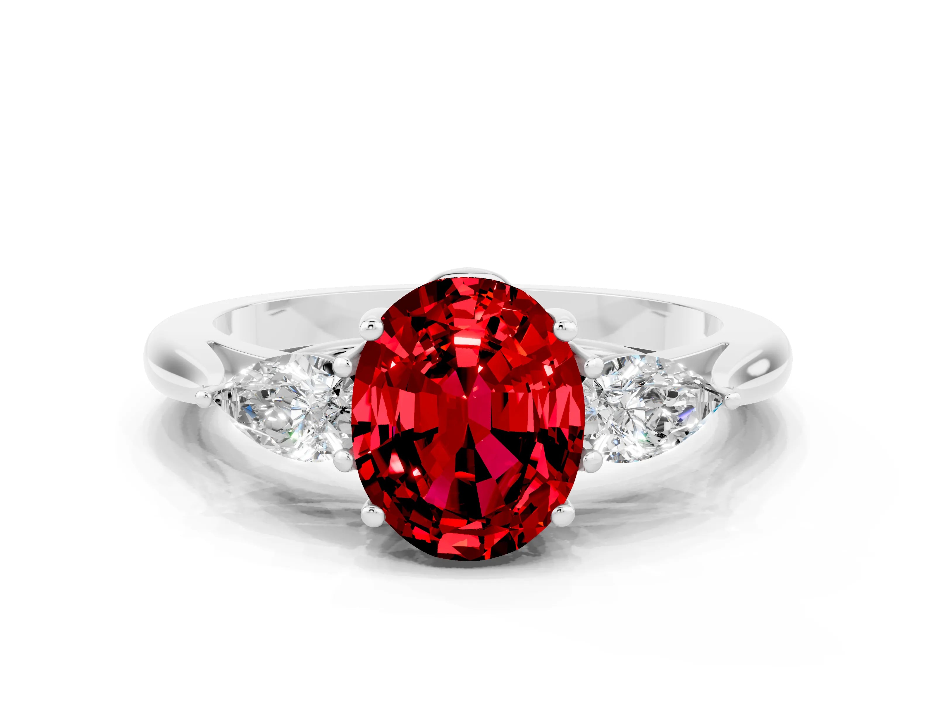 White gold Oval Cut Ruby Three-Stone Ring with Pear Side Stones and Four-Prong Setting_35