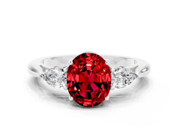 Platinum Oval Cut Ruby Three-Stone Ring with Pear  Side Stones and Prong Setting