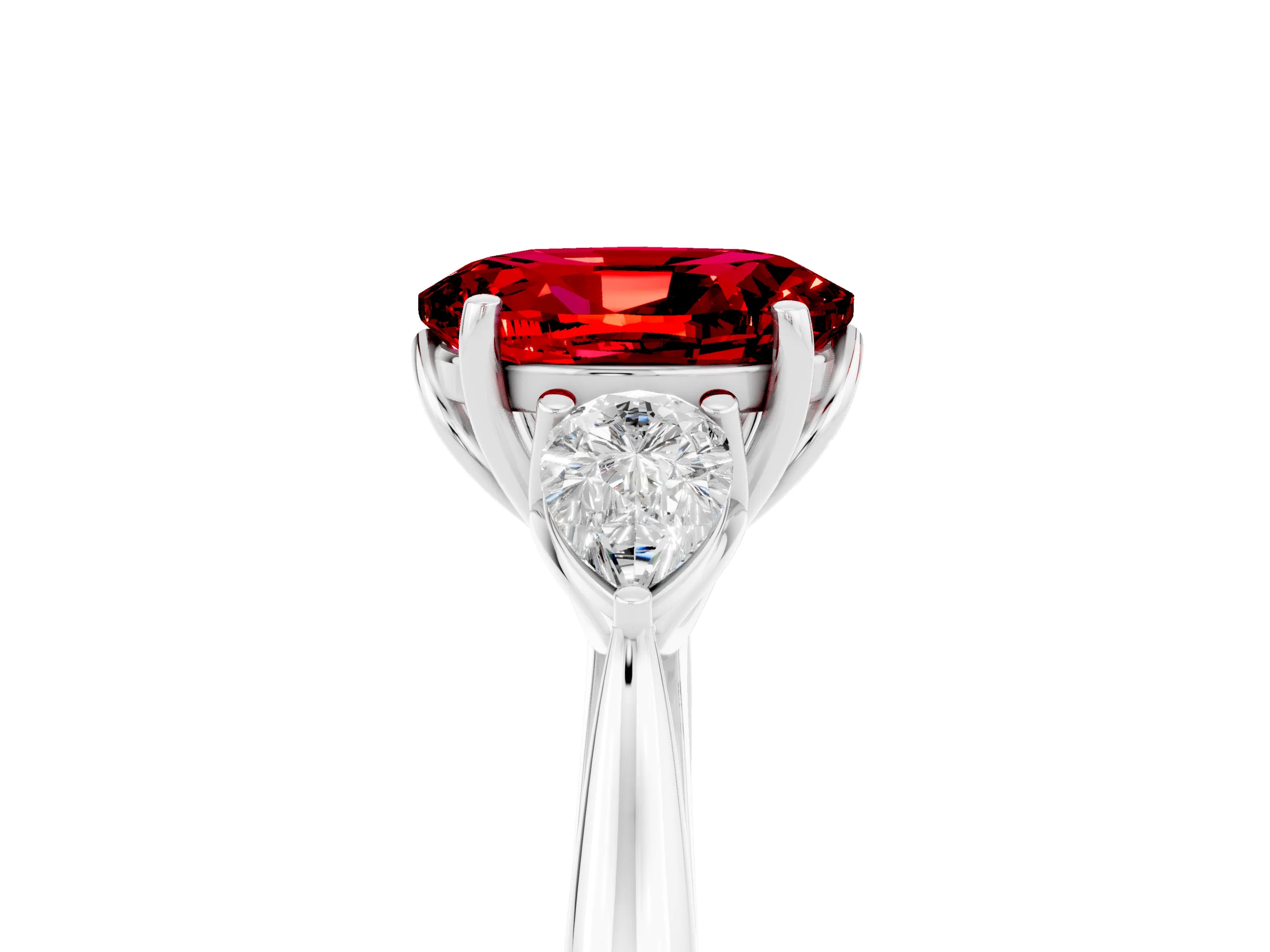 White gold Oval Cut Ruby Three-Stone Ring with Pear Side Stones and Four-Prong Setting_35
