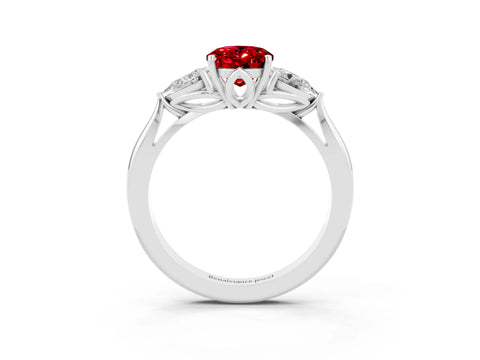White gold Oval Cut Ruby Three-Stone Ring with Pear Side Stones and Four-Prong Setting_38