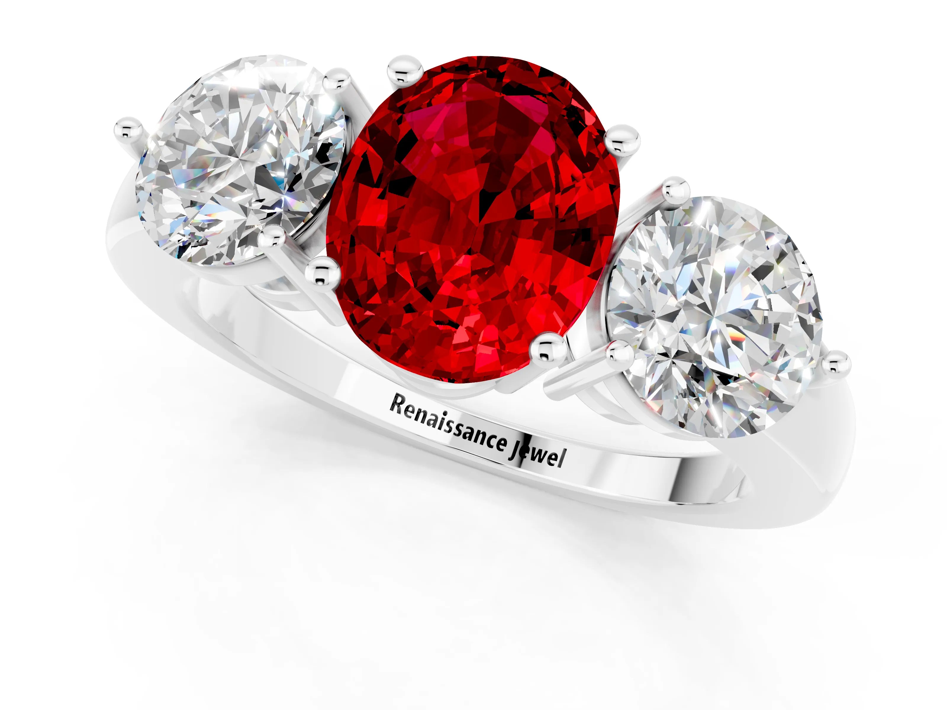 White gold Oval Cut Ruby Three-Stone Ring with Prong Setting and Classic Band_1