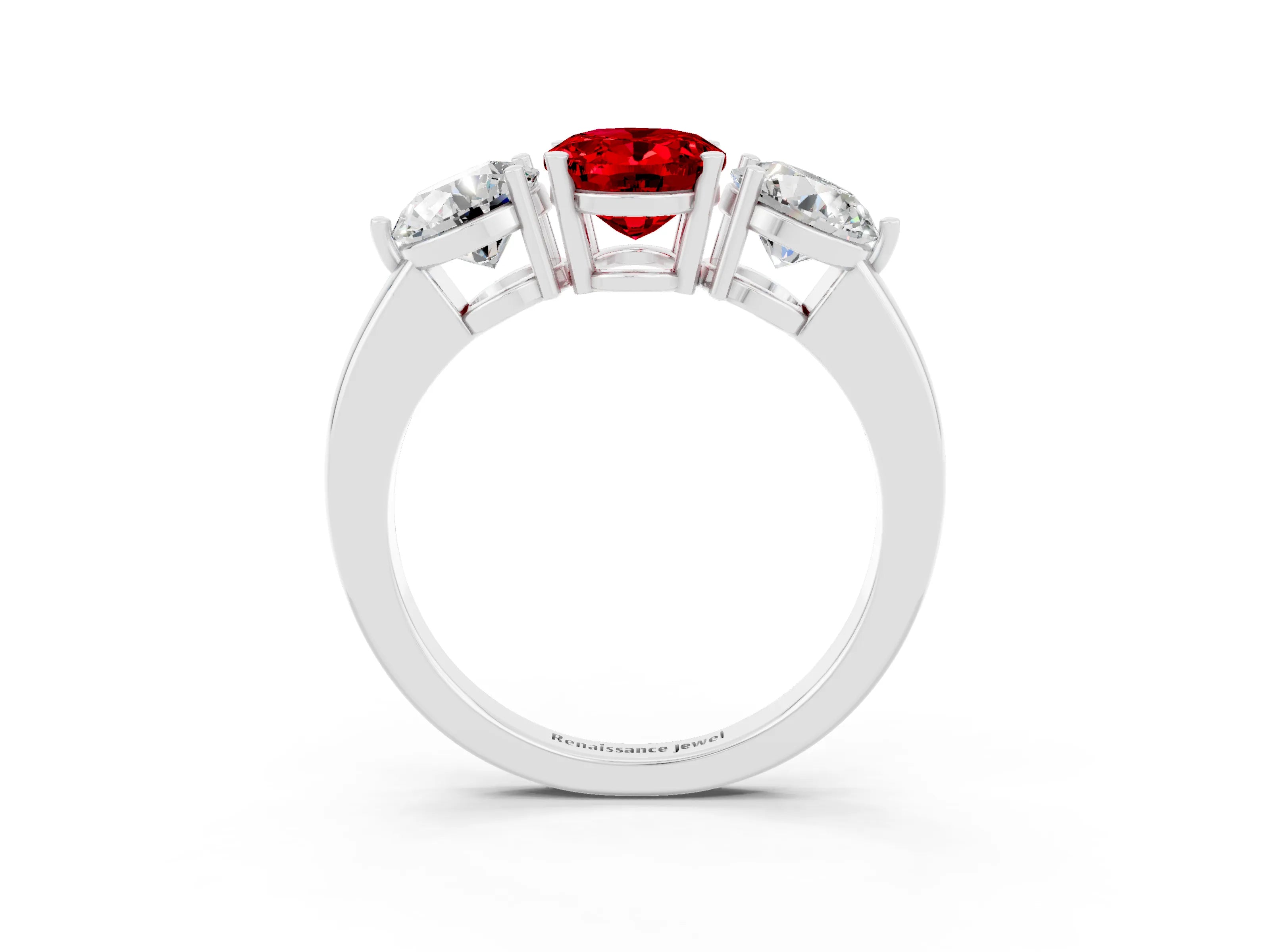 White gold Oval Cut Ruby Three-Stone Ring with Prong Setting and Classic Band_3