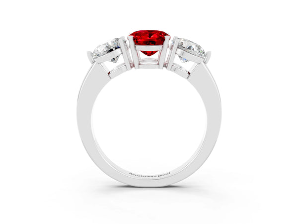Silver Oval Cut Ruby Three-Stone Ring with Prong Setting and Classic Band
