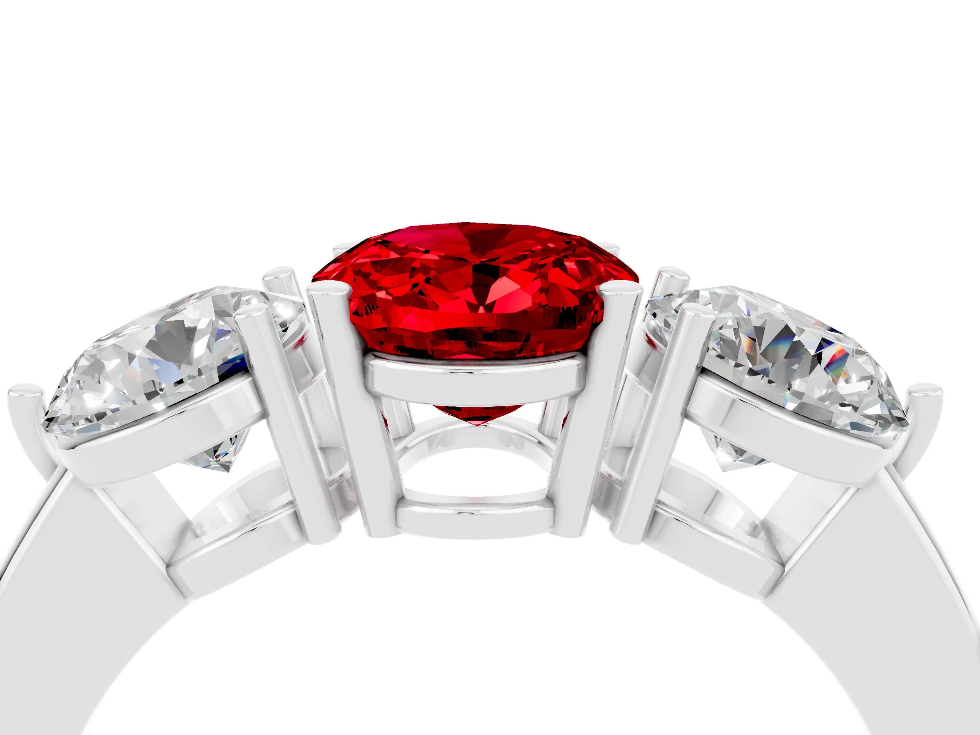 White gold Oval Cut Ruby Three-Stone Ring with Prong Setting and Classic Band_4