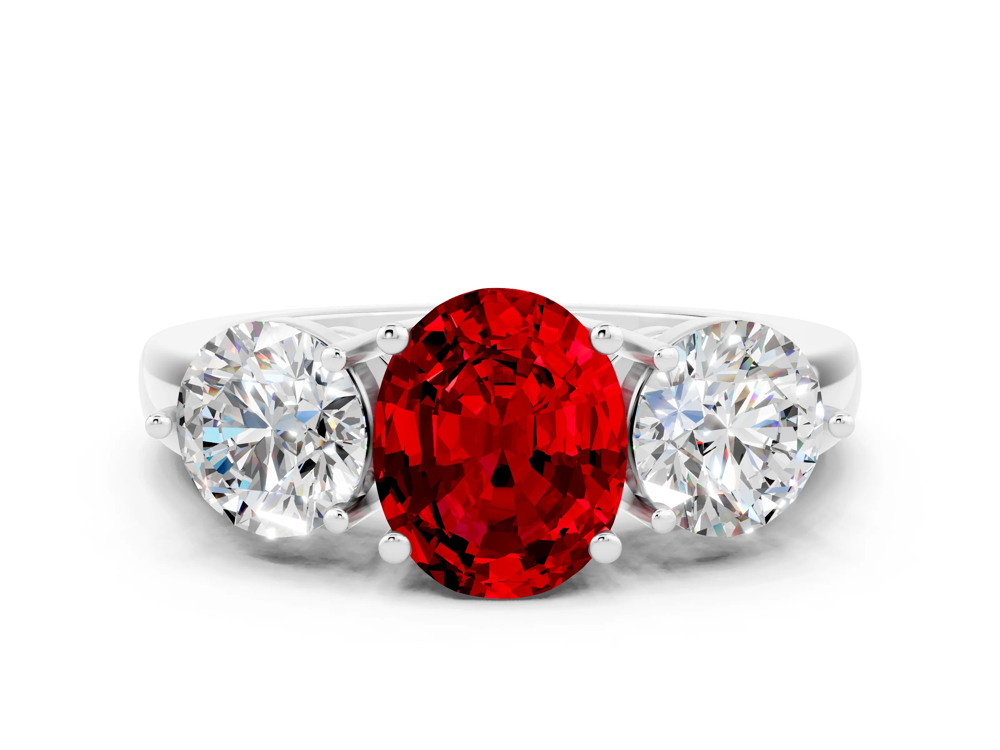 White gold Oval Cut Ruby Three-Stone Ring with Prong Setting and Classic Band