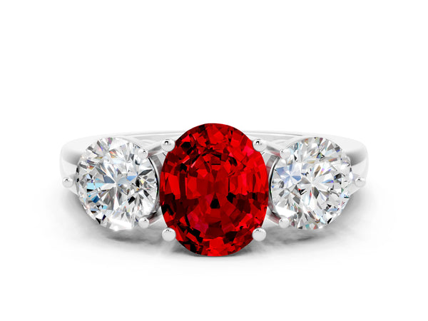 Silver Oval Cut Ruby Three-Stone Ring with Prong Setting and Classic Band