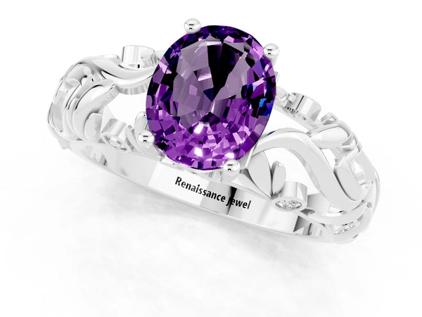 White gold Oval Cut Solitaire Amethyst Leaf-Inspired Vine Band Ring with Prong Setting