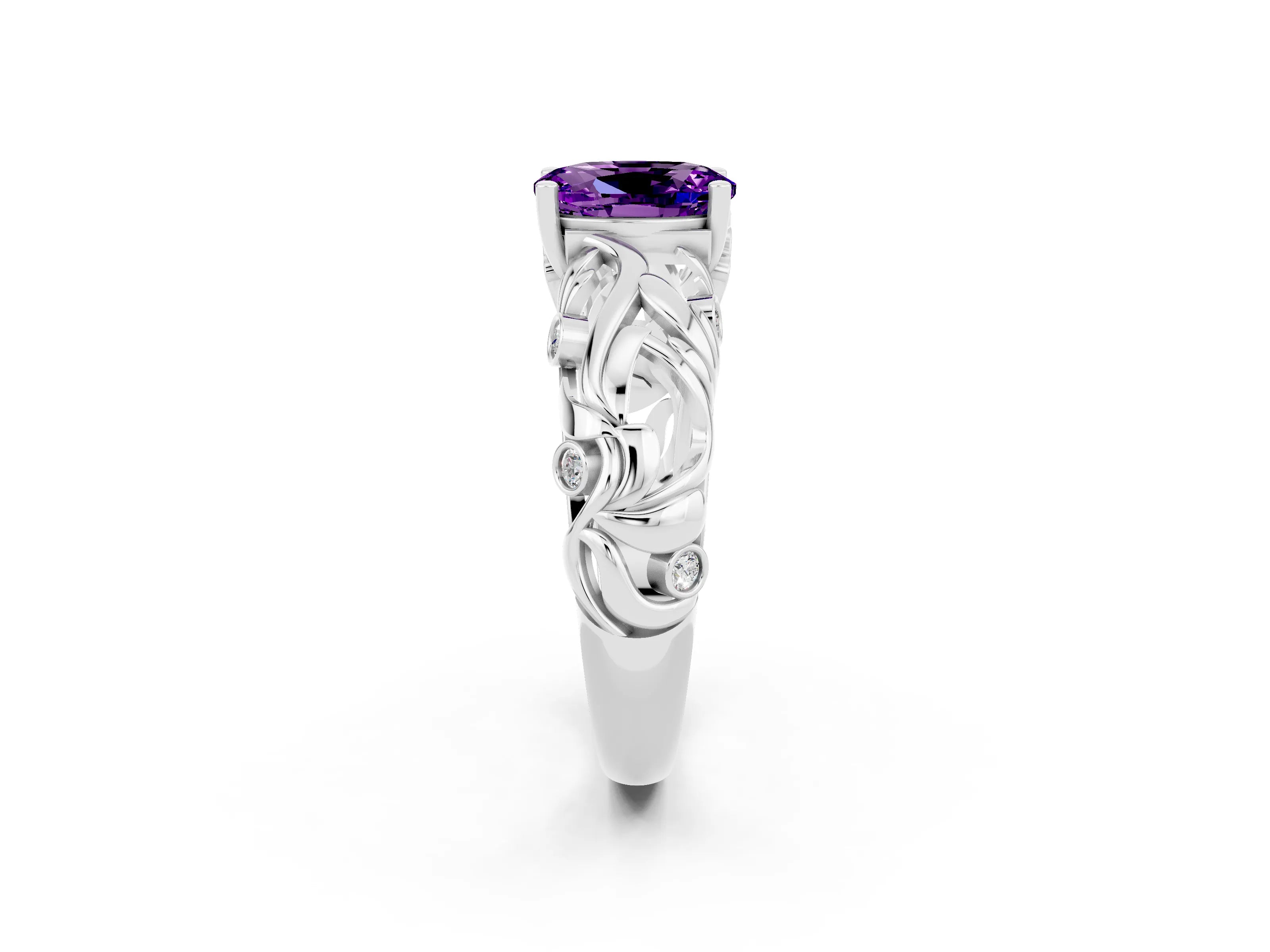 White gold Oval Cut Solitaire Amethyst Leaf-Inspired Vine Band Ring with Prong Setting_2