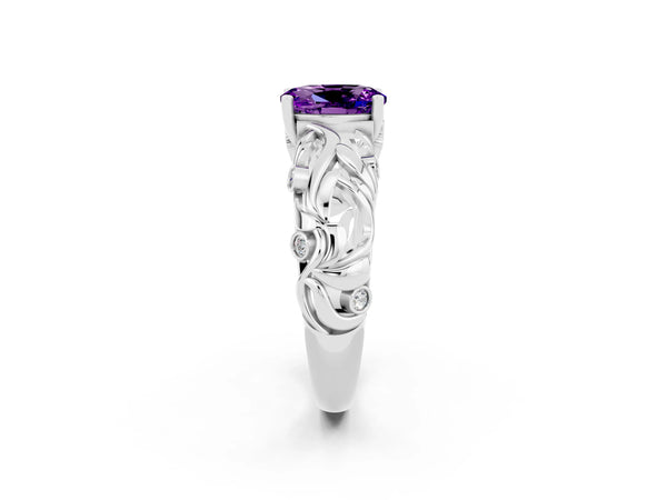Silver Oval Cut Solitaire Amethyst Leaf-Inspired Vine Band Ring with Prong Setting