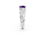 White gold Oval Cut Solitaire Amethyst Leaf-Inspired Vine Band Ring with Prong Setting_2