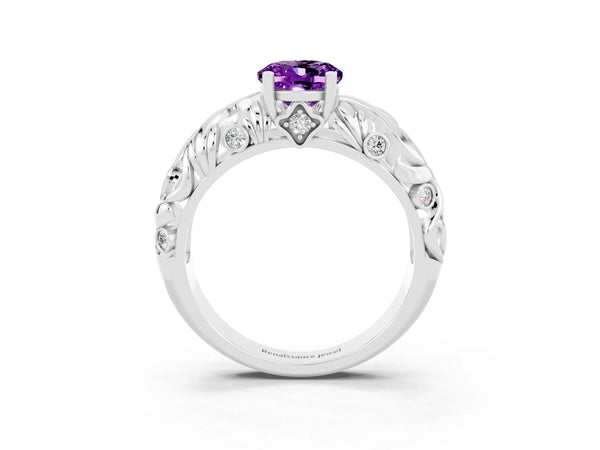 Platinum Oval Cut Solitaire Amethyst Leaf-Inspired Vine Band Ring with Prong Setting