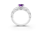 White gold Oval Cut Solitaire Amethyst Leaf-Inspired Vine Band Ring with Prong Setting_3