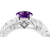 White gold Oval Cut Solitaire Amethyst Leaf-Inspired Vine Band Ring with Prong Setting_4