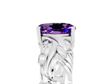White gold Oval Cut Solitaire Amethyst Leaf-Inspired Vine Band Ring with Prong Setting_5