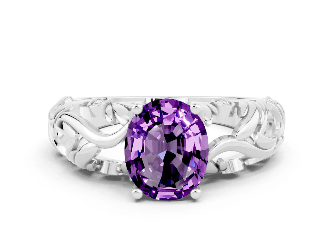 White gold Oval Cut Solitaire Amethyst Leaf-Inspired Vine Band Ring with Prong Setting