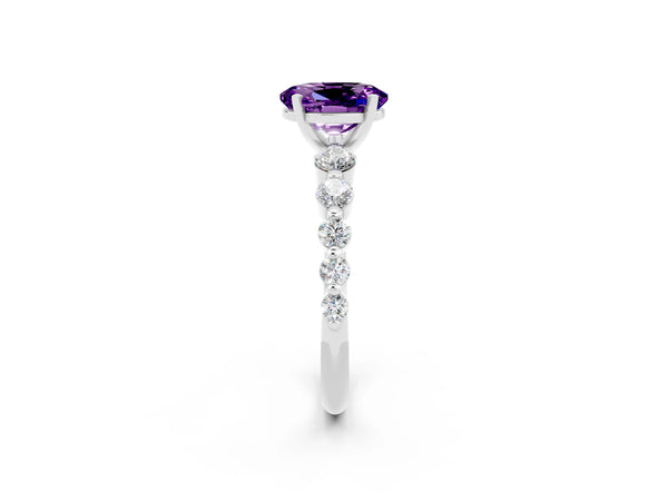 Platinum Oval Cut Solitaire Amethyst Ring with Pave Band and Four-Prong Setting