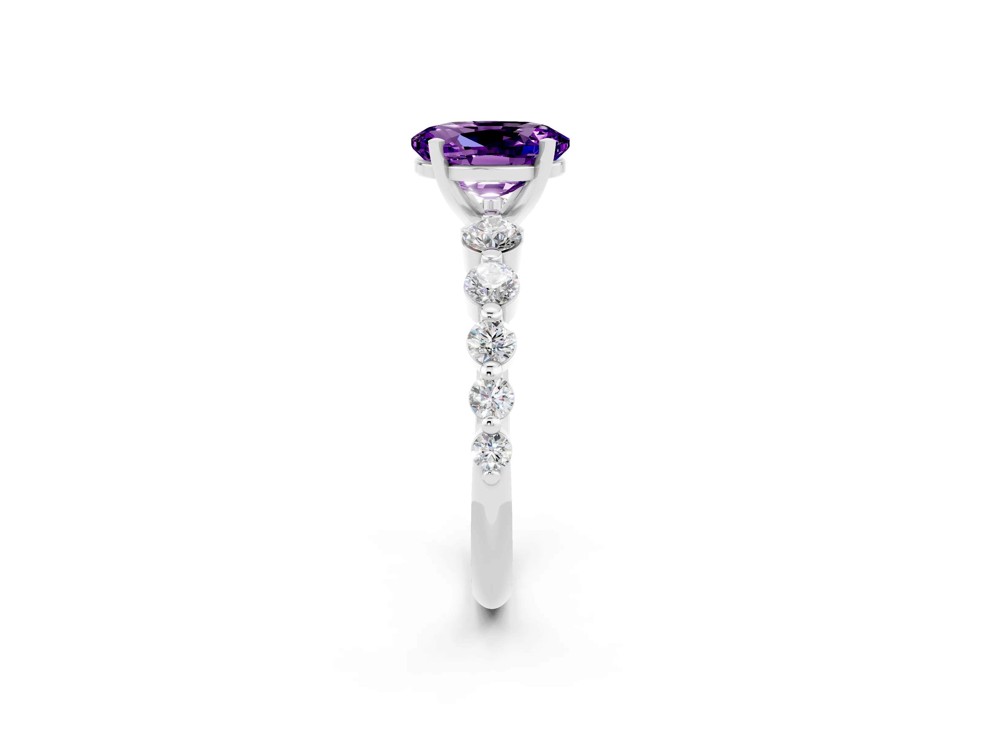 White gold Oval Cut Solitaire Amethyst Ring with Pave Band and Four-Prong Setting_2