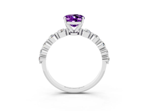 Platinum Oval Cut Solitaire Amethyst Ring with Pave Band and Four-Prong Setting