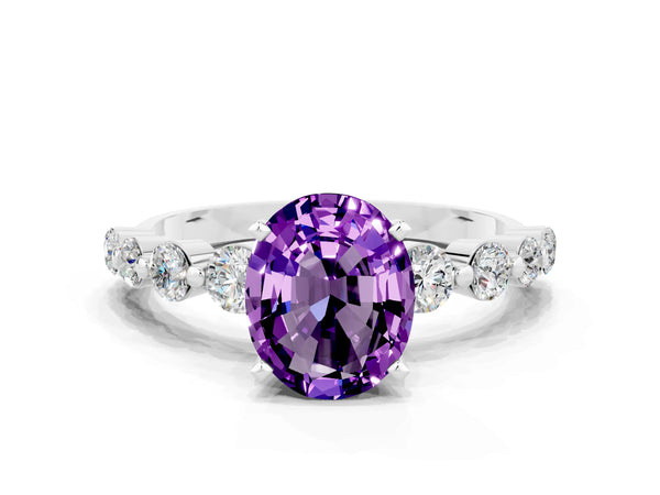 Silver Oval Cut Solitaire Amethyst Ring with Pave Band and Four-Prong Setting