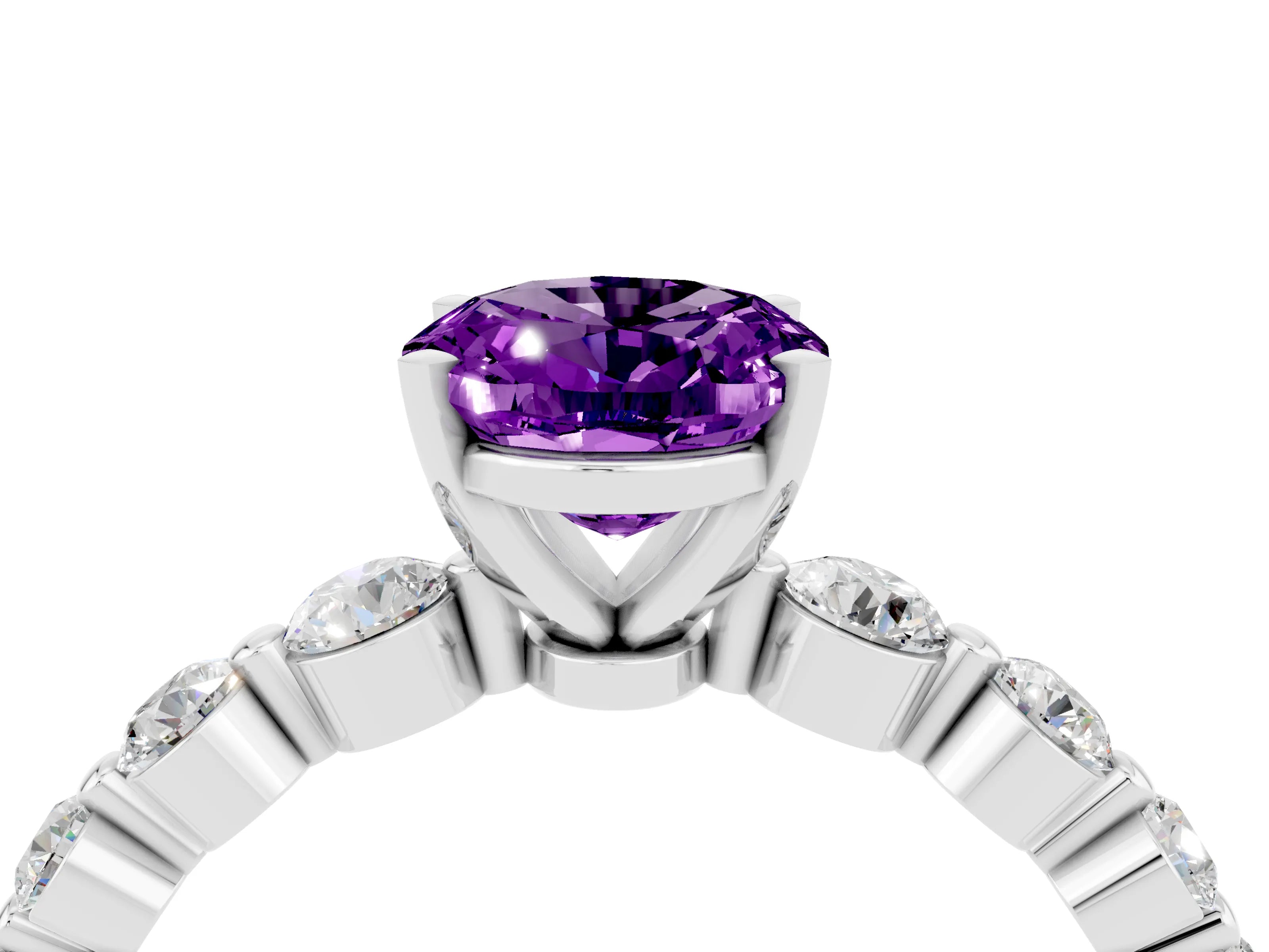 White gold Oval Cut Solitaire Amethyst Ring with Pave Band and Four-Prong Setting_4