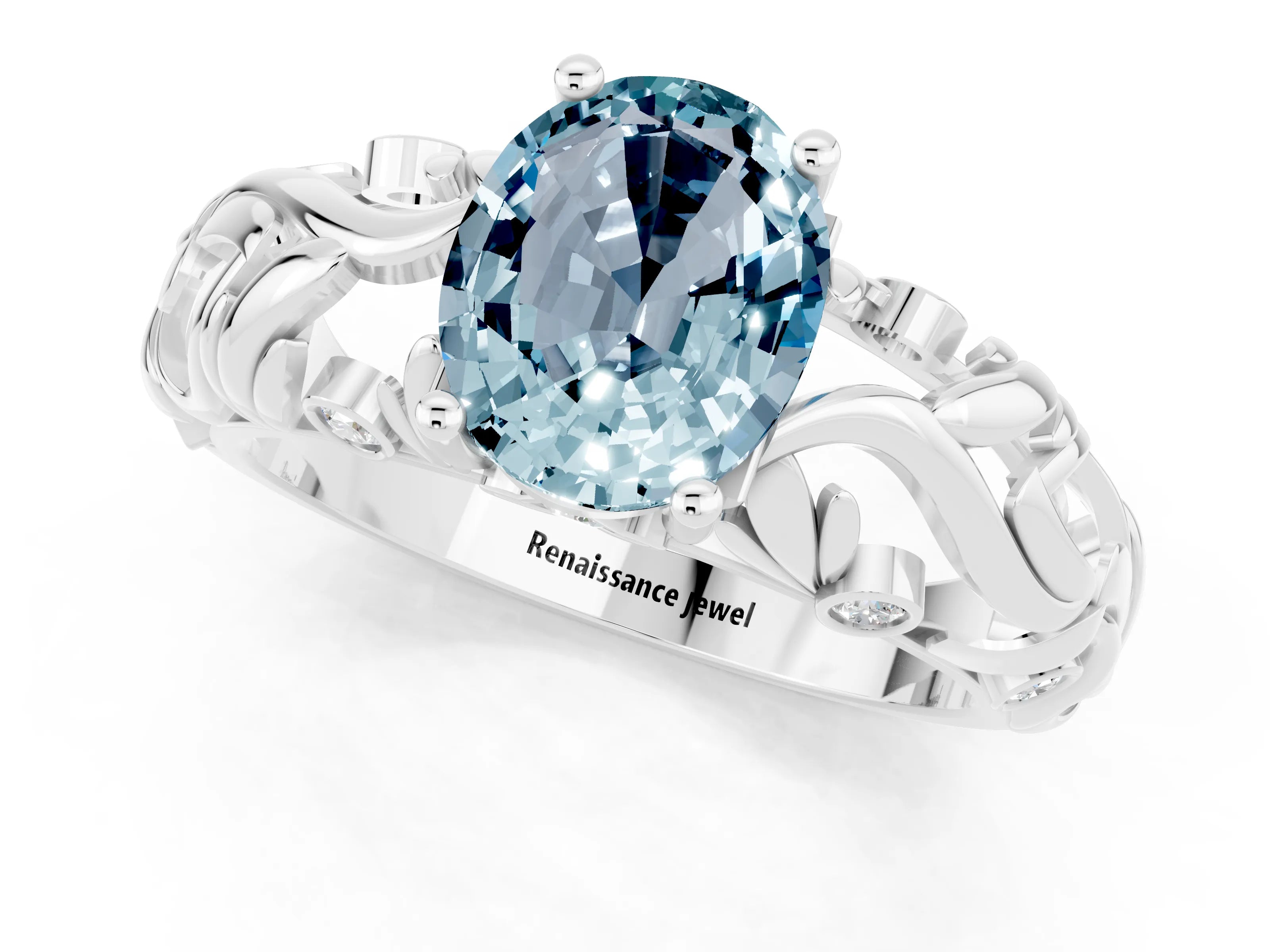 White gold Oval Cut Solitaire Aquamarine Leaf-Inspired Vine Band Ring with Prong Setting_1