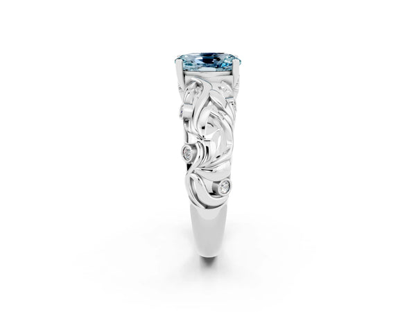 Platinum Oval Cut Solitaire Aquamarine Leaf-Inspired Vine Band Ring with Prong Setting