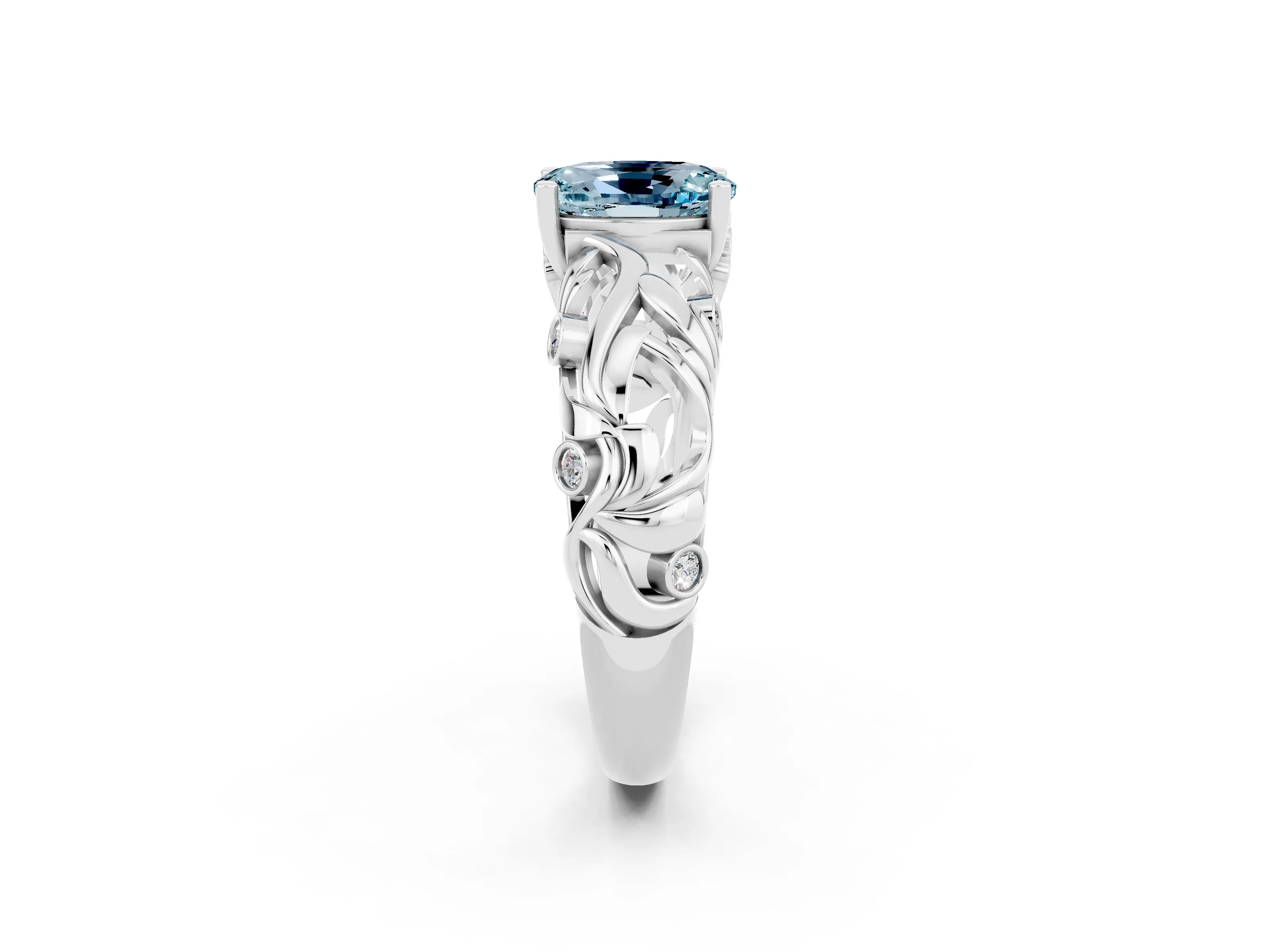 White gold Oval Cut Solitaire Aquamarine Leaf-Inspired Vine Band Ring with Prong Setting_2