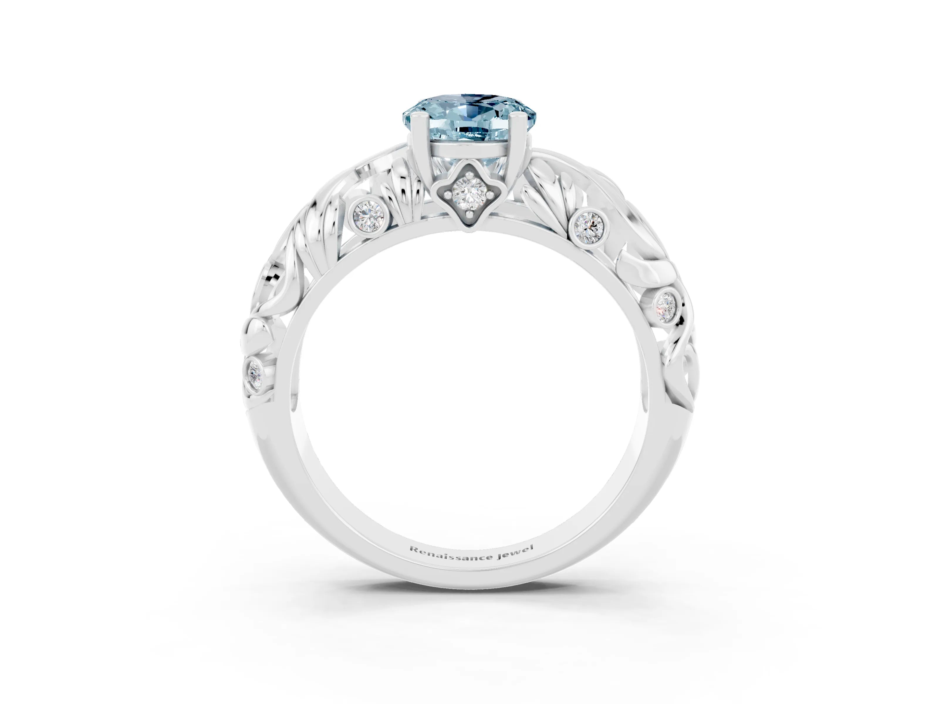 White gold Oval Cut Solitaire Aquamarine Leaf-Inspired Vine Band Ring with Prong Setting_3