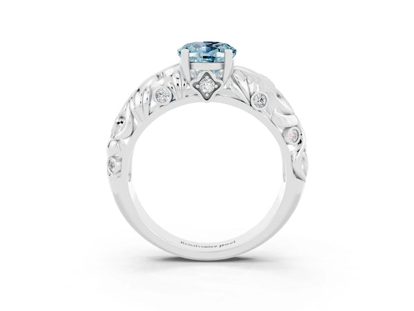 White gold Oval Cut Solitaire Aquamarine Leaf-Inspired Vine Band Ring with Prong Setting