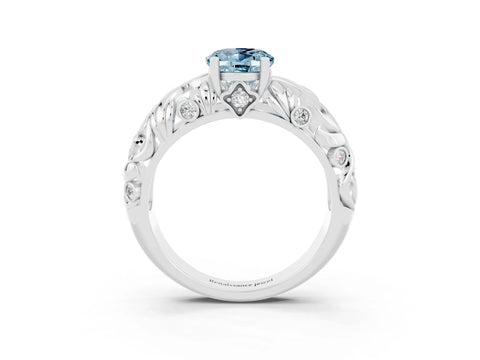 White gold Oval Cut Solitaire Aquamarine Leaf-Inspired Vine Band Ring with Prong Setting_3