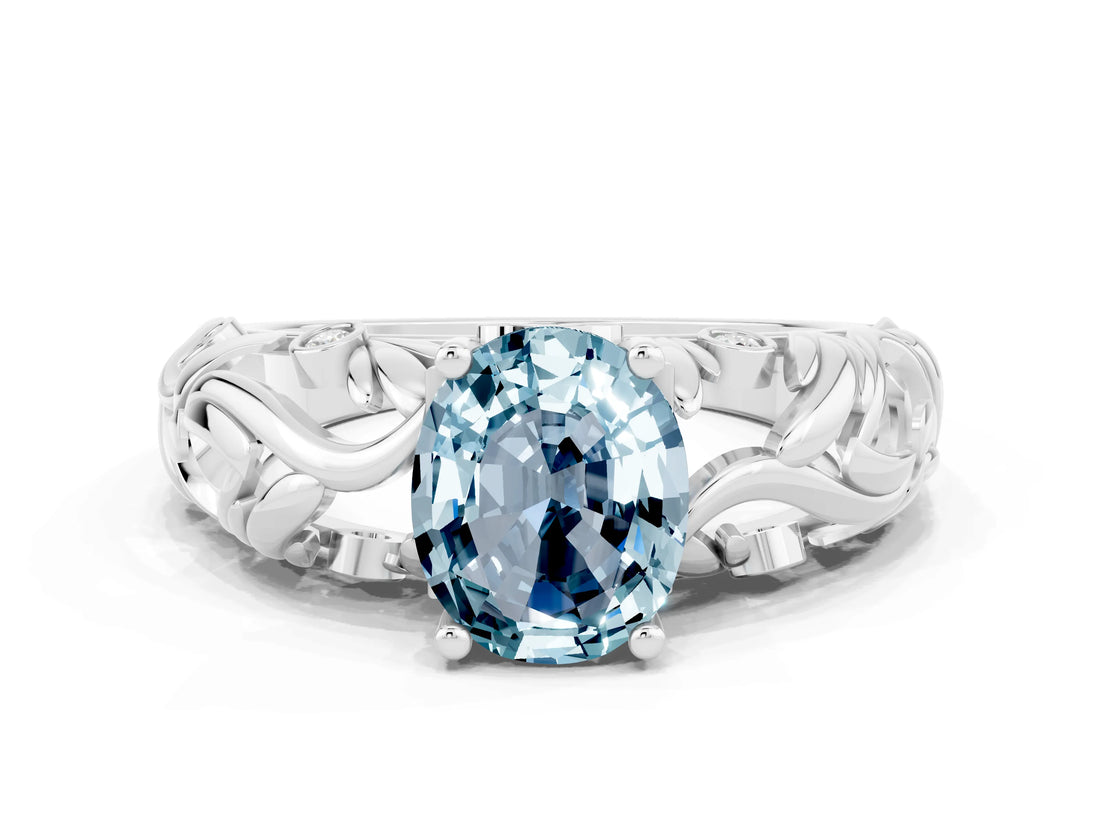 White gold Oval Cut Solitaire Aquamarine Leaf-Inspired Vine Band Ring with Prong Setting