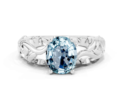 White gold Oval Cut Solitaire Aquamarine Leaf-Inspired Vine Band Ring with Prong Setting