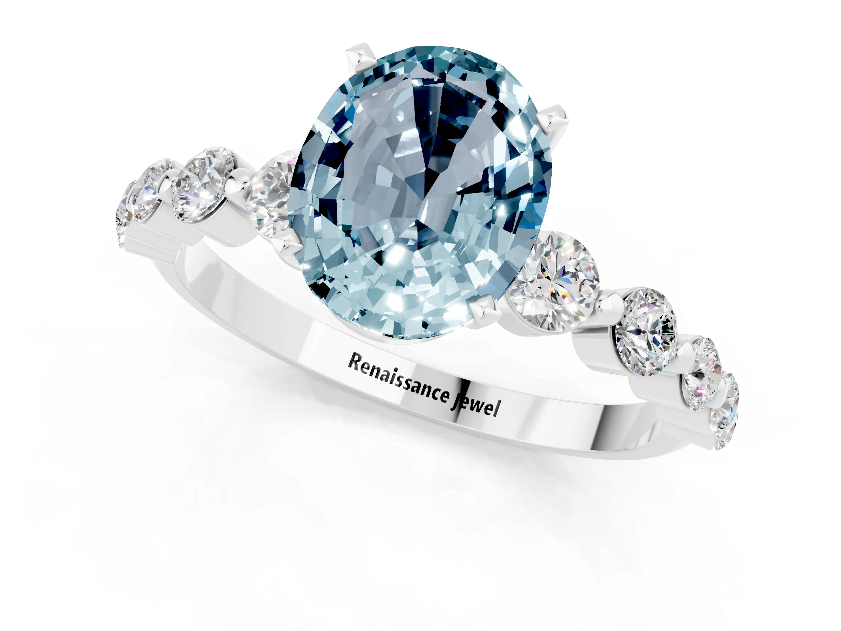 White gold Oval Cut Solitaire Aquamarine Ring with Pave Band and Four-Prong Setting_1