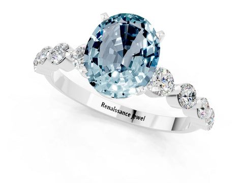 White gold Oval Cut Solitaire Aquamarine Ring with Pave Band and Four-Prong Setting_1