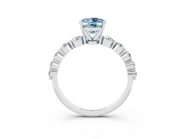 Platinum Oval Cut Solitaire Aquamarine Ring with Pave Band and Four-Prong Setting