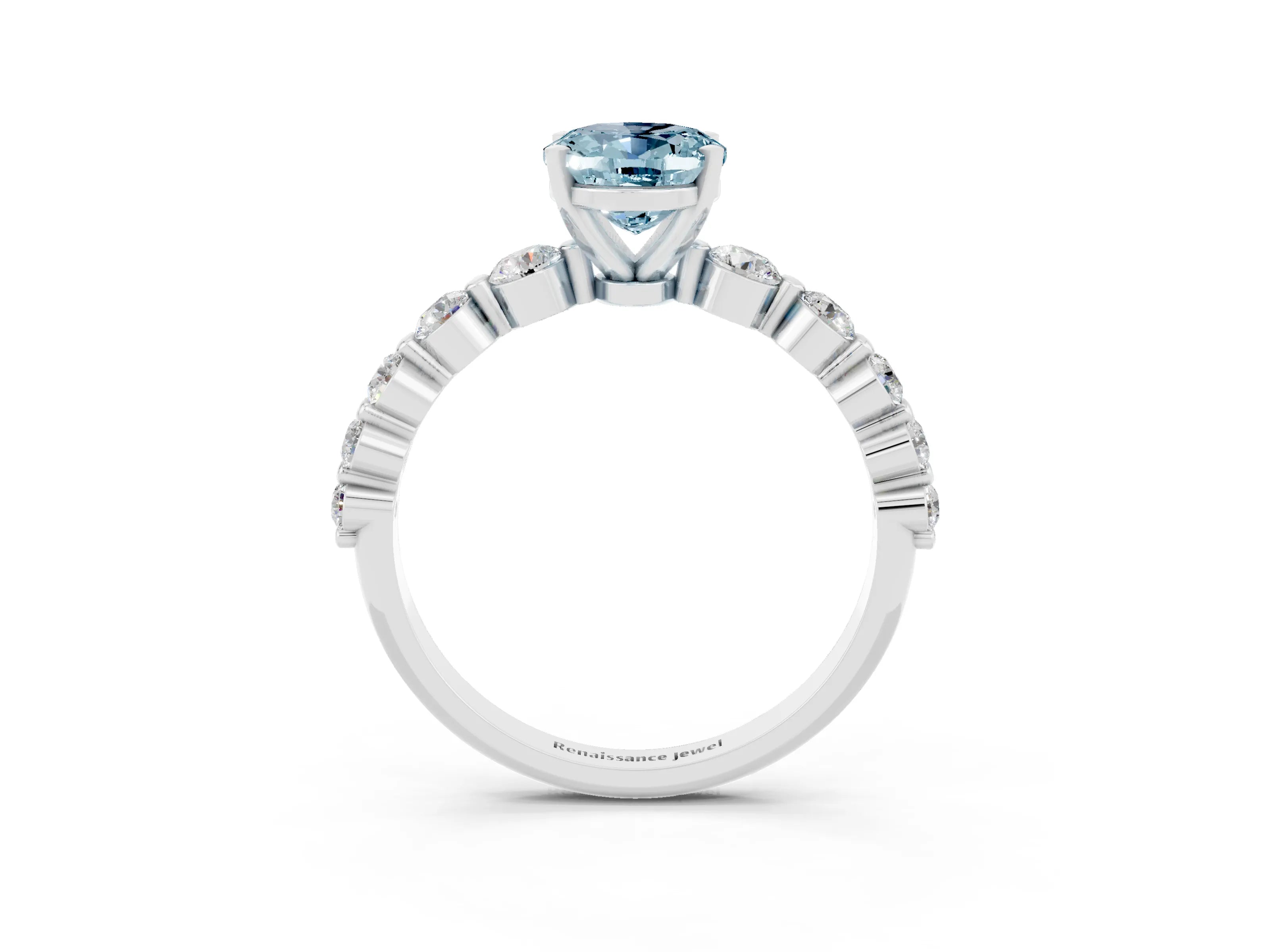 White gold Oval Cut Solitaire Aquamarine Ring with Pave Band and Four-Prong Setting_3