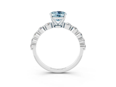 White gold Oval Cut Solitaire Aquamarine Ring with Pave Band and Four-Prong Setting_3