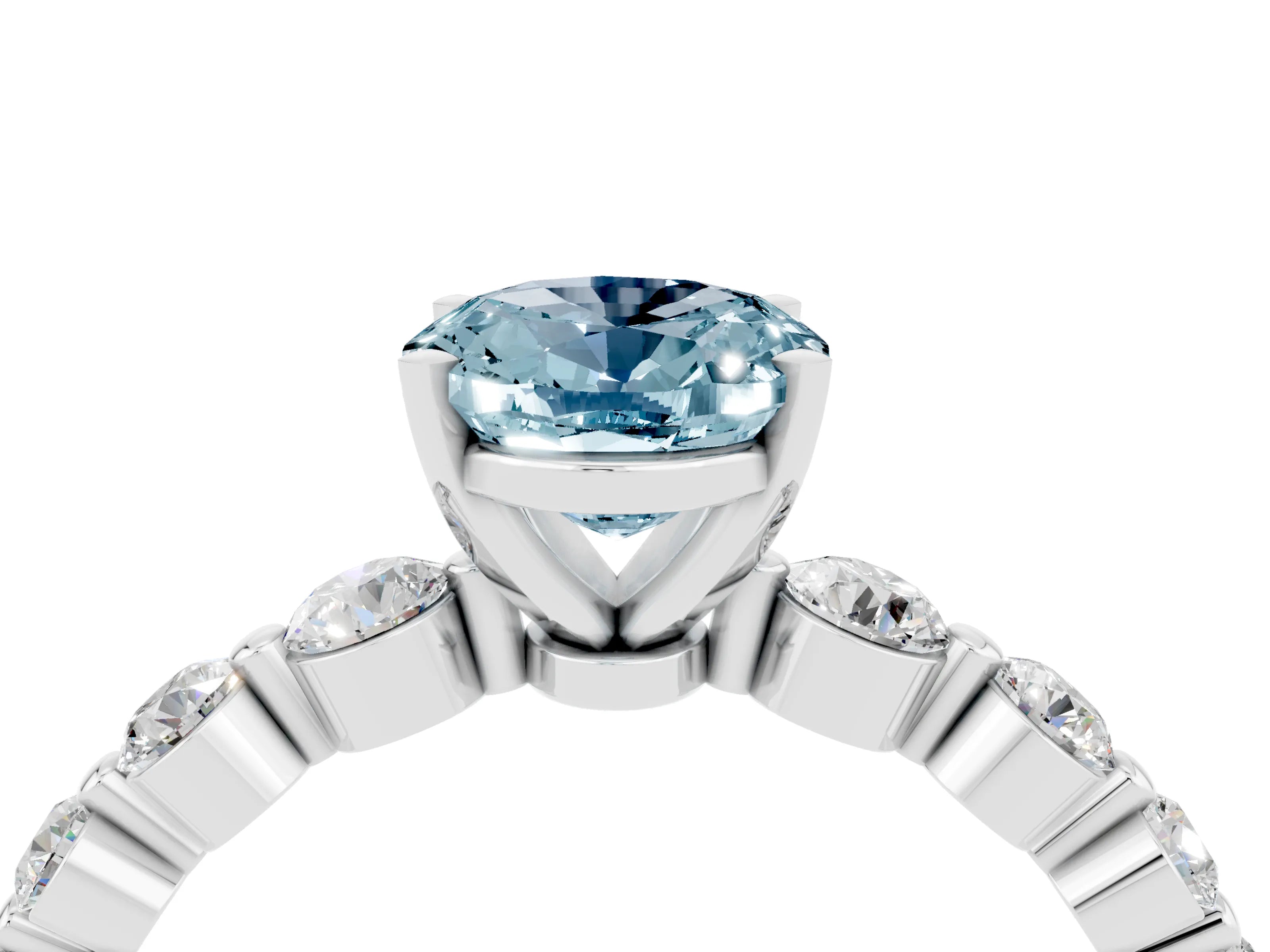 White gold Oval Cut Solitaire Aquamarine Ring with Pave Band and Four-Prong Setting_4