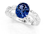 White gold Oval Cut Solitaire Blue Sapphire Leaf-Inspired Vine Band Ring with Prong Setting_1