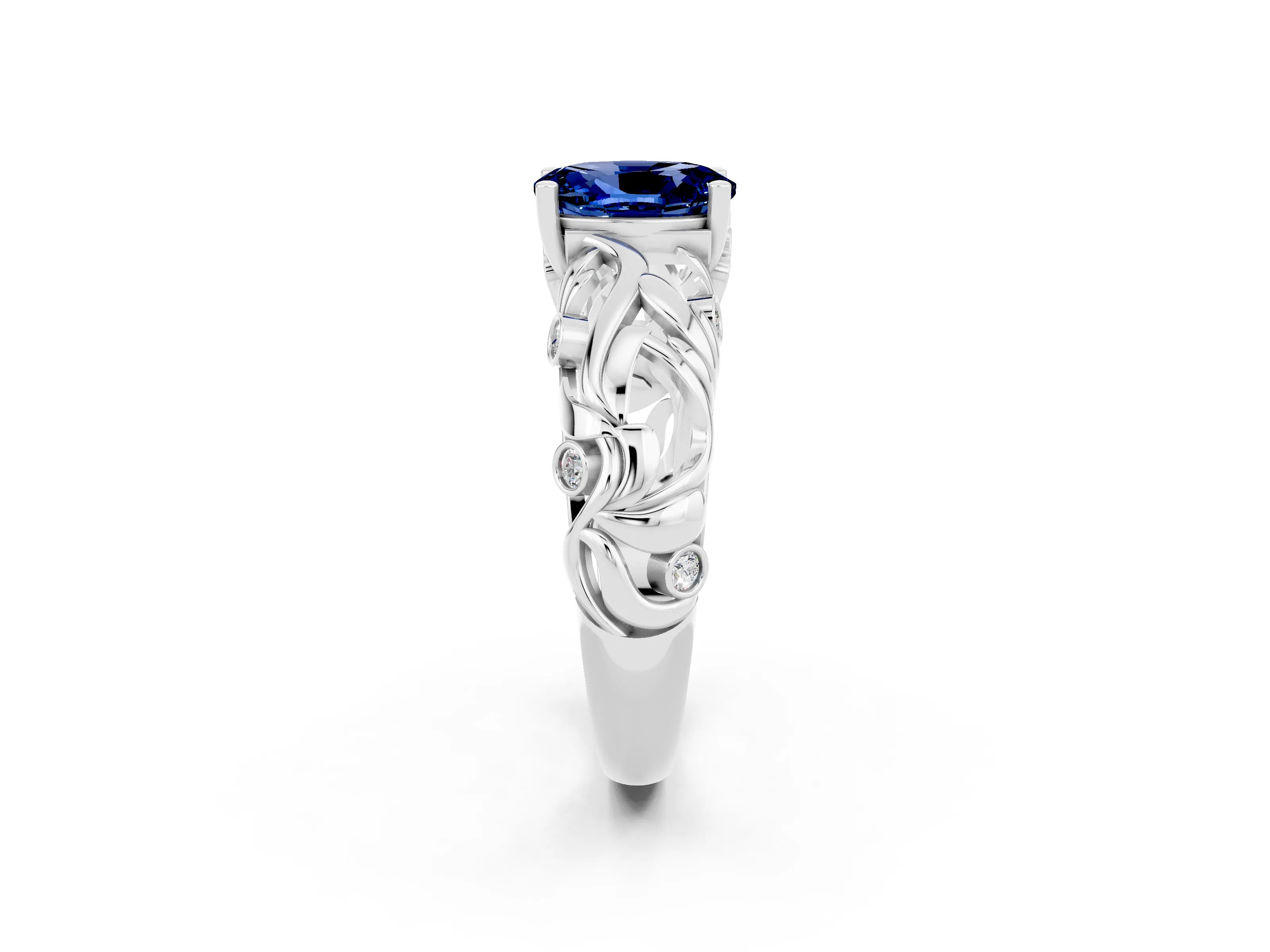 White gold Oval Cut Solitaire Blue Sapphire Leaf-Inspired Vine Band Ring with Prong Setting_2