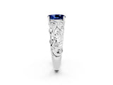 White gold Oval Cut Solitaire Blue Sapphire Leaf-Inspired Vine Band Ring with Prong Setting_2