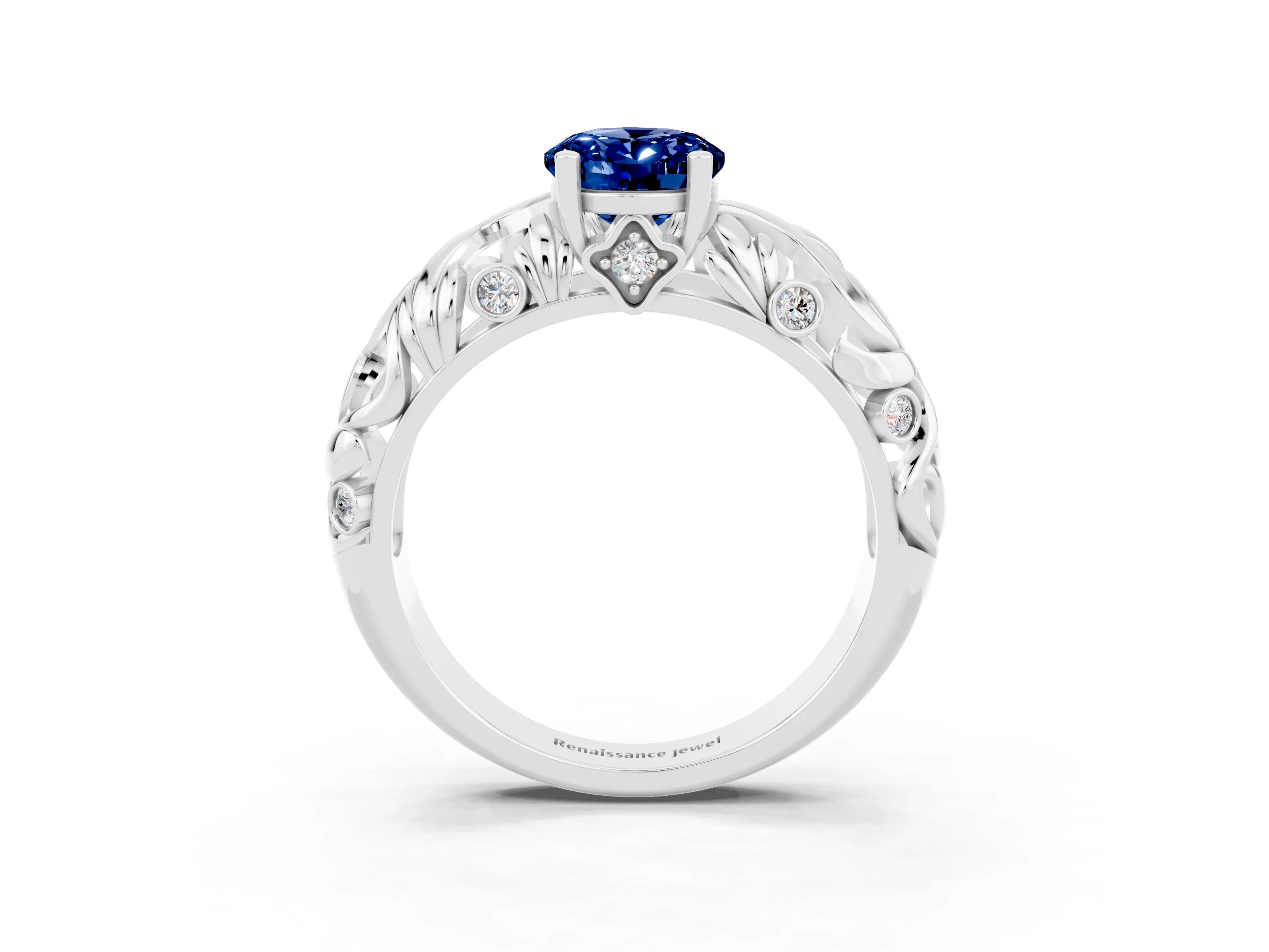 White gold Oval Cut Solitaire Blue Sapphire Leaf-Inspired Vine Band Ring with Prong Setting_3