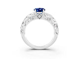 White gold Oval Cut Solitaire Blue Sapphire Leaf-Inspired Vine Band Ring with Prong Setting_3