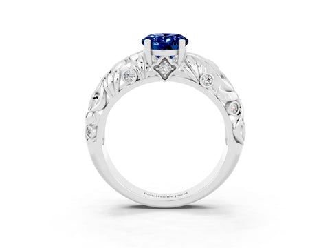 White gold Oval Cut Solitaire Blue Sapphire Leaf-Inspired Vine Band Ring with Prong Setting_3