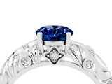 White gold Oval Cut Solitaire Blue Sapphire Leaf-Inspired Vine Band Ring with Prong Setting_4